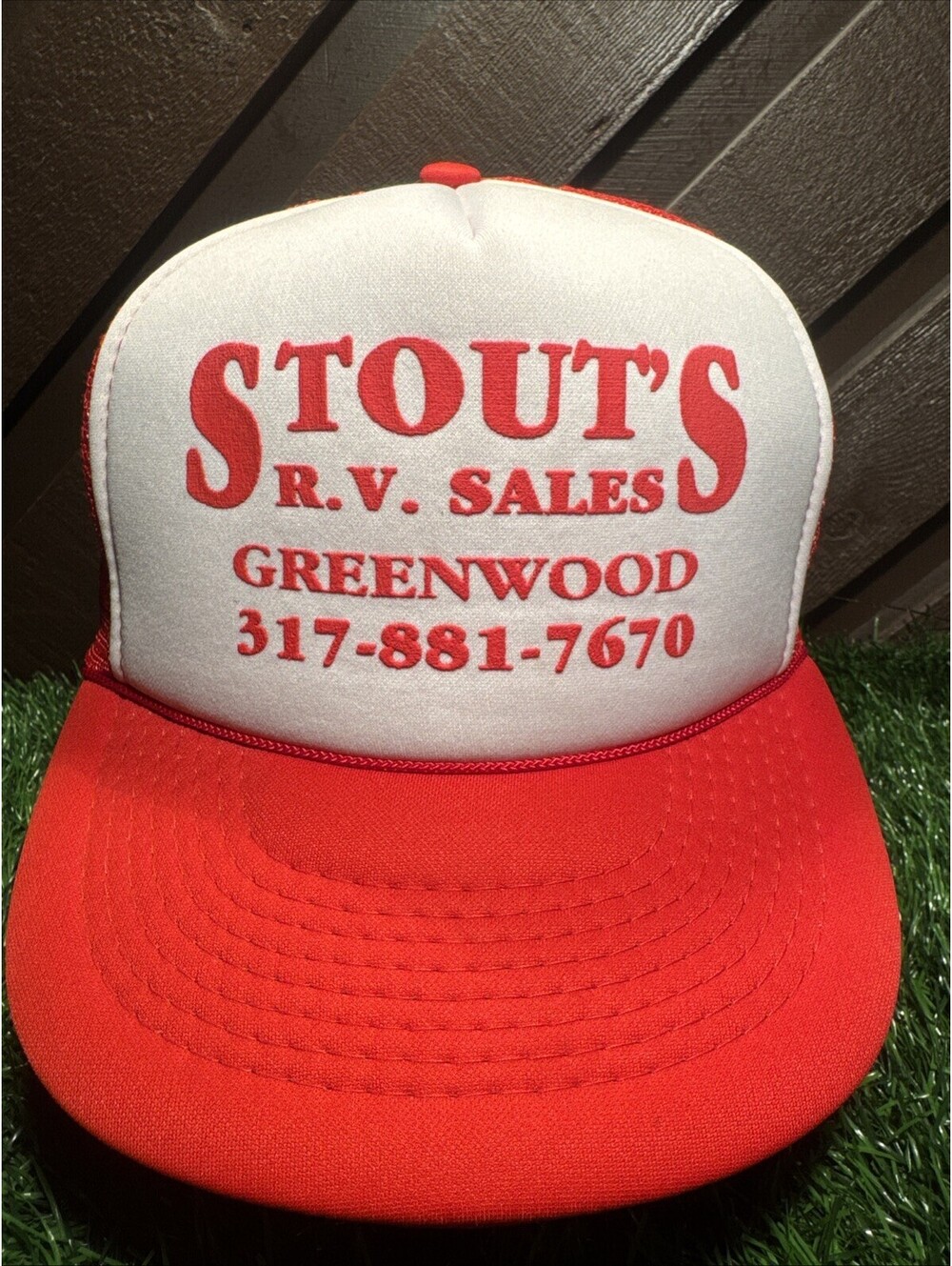 Vintage 80’s Stout’s Rv Sales Snapback Trucker Hat Cap Red Mesh